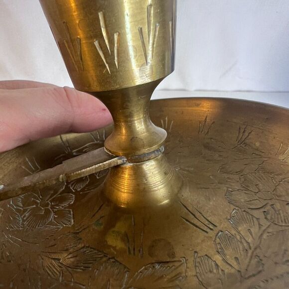 Pair Vintage Brass Candlestick Chamber Stick Finger Holder MCM Etched Floral - Picture 8 of 14
